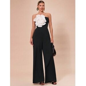 White Flower Strapless Black Elegant Jumpsuit High Waisted Long Wide Leg